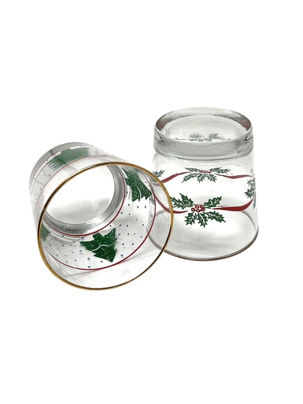 vintage holiday double old-fashioned or rocks glasses featuring festive green